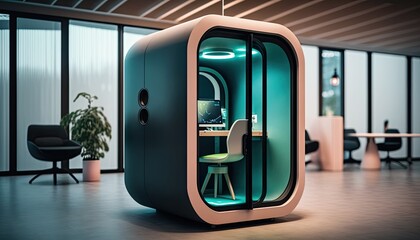 Futuristic empty office pod capsule room for concentrate work in silence, online negotiation in futuristic self contained room in open space office, focus task work with issues, generative AI - obrazy, fototapety, plakaty