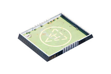 Helicopter landing pad square shape green on top of skyscraper high isolated on cutout PNG. Large H shape in middle. Rooftop top of building landing area in city. Business people or VIP guests.