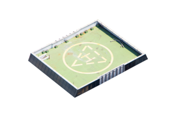Helicopter landing pad square shape green on top of skyscraper high isolated on cutout PNG. Large H shape in middle. Rooftop top of building landing area in city. Business people or VIP guests.