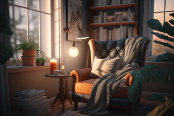 cozy reading nook in corner living room. Generative AI