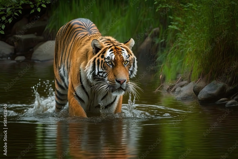 Sticker An amur tiger wading through a river. Animal that is dangerous in Tajga, Russia. Animal in a stream in a verdant forest. Generative AI