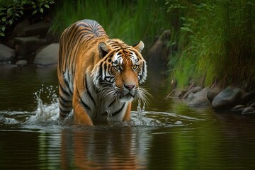 Fototapeta na wymiar An amur tiger wading through a river. Animal that is dangerous in Tajga, Russia. Animal in a stream in a verdant forest. Generative AI