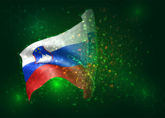Slovenia, on vector 3d flag on green background with polygons and data numbers