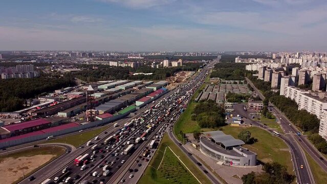 Aerial view of a huge traffic jam on the expressway. Traffic jam on the Moscow Highway MKAD