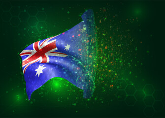Australia, on vector 3d flag on green background with polygons and data numbers