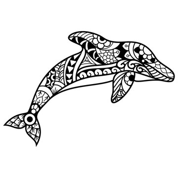 Hand drawn of dolphin in zentangle style