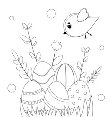 Easter card with eggs and flowers. Coloring page for children.  