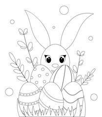 Easter bunny with eggs. Coloring page for kids.
