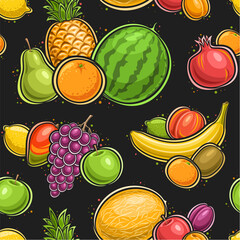 Vector Fruit Seamless Pattern, square repeat background with illustrations of variety fruit compositions for wrapping paper or bed linen, decorative poster with group of whole fruits for home interior