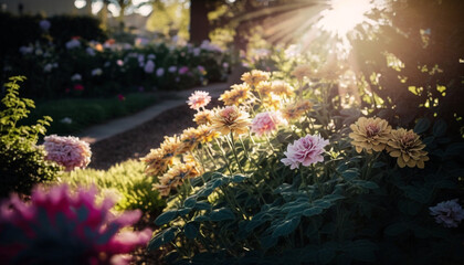 flower garden with light sun. Generative AI