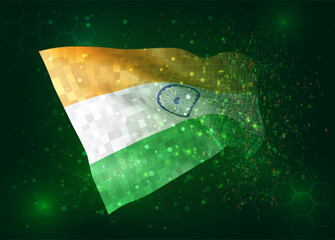 India, on vector 3d flag on green background with polygons and data numbers