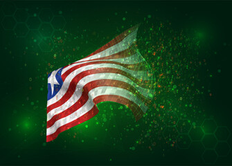 Liberia, on vector 3d flag on green background with polygons and data numbers