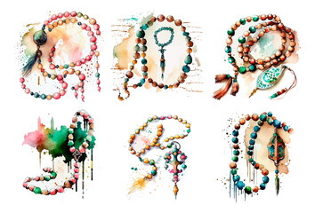 set watercolor vector illustration of muslim pray rosary ramadan concept - obrazy, fototapety, plakaty