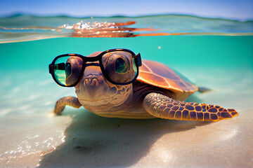 Fototapeta na wymiar Turtle in sunglasses on the seashore. AI generated