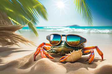 Fototapeta na wymiar Big crab in sunglasses on the ocean. AI Generated