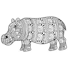 Hand drawn of hippo in zentangle style