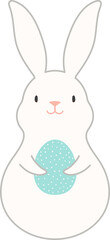 Cute Easter bunny, rabbit, hare holding egg cartoon character illustration. Hand drawn line art style design, isolated PNG clipart. Holiday card, banner, poster, seasonal element