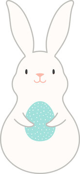 Cute Easter bunny, rabbit, hare holding egg cartoon character illustration. Hand drawn line art style design, isolated PNG clipart. Holiday card, banner, poster, seasonal element