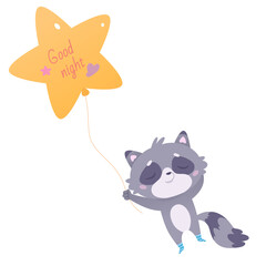Cute raccoon dreaming, flying on star with text Good night, holding balloon rope in paw