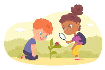 School children holding magnifying glass to watch ladybug on green plant in yard, garden or summer park vector illustration. Cartoon isolated curious boy and girl explore nature and study biology
