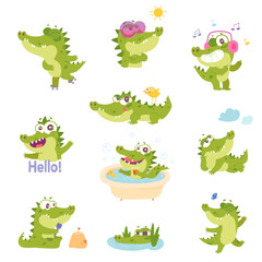 Cute crocodile character with friends set vector illustration. Cartoon funny animation of adorable baby alligator dancing, playing with bird and butterfly, swimming in water isolated on white