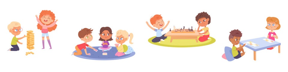 Kids play fun board games set vector illustration. Cartoon isolated group of happy children playing chess and cards at table or on floor, boy and girl building wood block tower of together