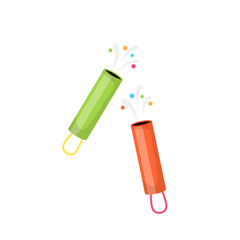 Birthday party poppers, petard set, green and red firecrackers with burst of confetti