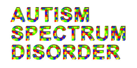 A 3D illustration of the text Autism Spectrum Disorder made entirely of colorful puzzle patterns, representing the diversity and complexity of the spectrum