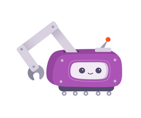 Cute toy robot with robotic arm, purple friendly machine with mechanical transformer hand