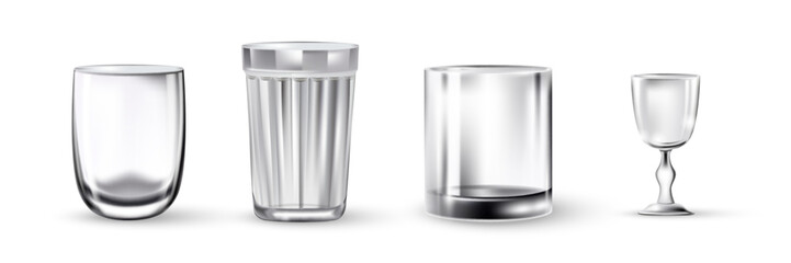 Empty crystal glass set on white background. Whiskey glass, goblet, highball glassware. Shiny clean realistic utensils for beverages vector illustration. Fragile tableware