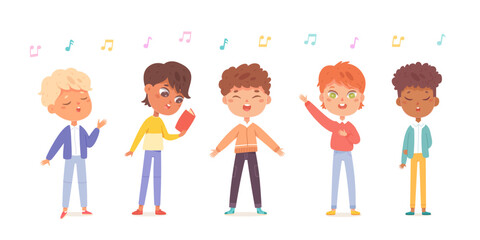 Children sing song to music set vector illustration. Cartoon isolated boys holding book with notes and standing together, group of choir singers and friends singing and presenting vocal show