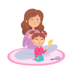 Mother combing hair of daughter, mom making hairstyle to little girl holding mirror