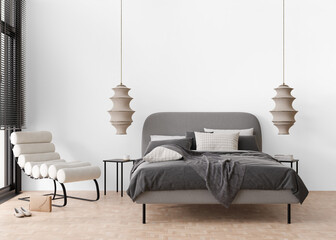 Wallpaper presentation mock up. Beautiful bedroom furniture and home accessories on transparent background. Copy space for wallpaper, wall panels, photo wallpaper, print or paint. Interior mockup © Creative_Bird