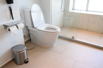 White toilet bowl and tissue paper roll in the bathroom at home.Modern toilet concept.