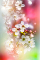 Fototapeta na wymiar flowers of blossoming fruit trees on a light blurred background, bokeh AI generativ.