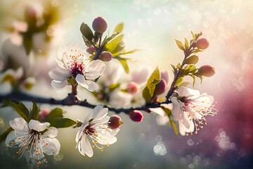 flowers of blossoming fruit trees on a light blurred background, bokeh AI generativ.