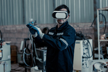 Virtual reality goggles are worn by robotics specialists to facilitate remote support, robotic...