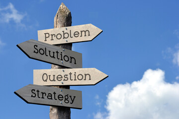 Problem, solution, question, strategy - wooden signpost with four arrows, sky with clouds