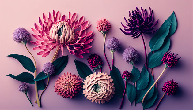Top view image of pink and purple flowers composition, made with Generative AI