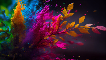 Colorful rainbow powder paint explosion background with green leaves, Holi festival Abstract background.Generative AI.