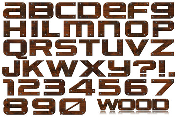 Wooden alphabet letters and numbers, with screws, isolated on white or transparent background. Png.