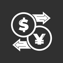 Vector illustration. Currency exchange. Money conversion. Dollar to yen yuan icon isolated black white. Dollar to yuan exchange icon with arrow CNY JPY USD