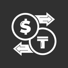  Vector illustration. Currency exchange. Money conversion. Dollar to Kazakhstani tenge icon isolated black white. USD to KZT exchange icon with arrow. USD KZT