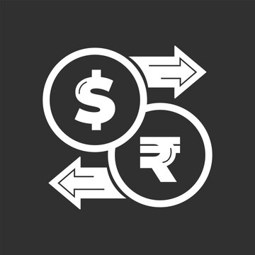 Vector currency exchange. Money conversion. Rupee to dollar icon isolated on white background. Dollar to rupee exchange icon with arrow USD INR	
