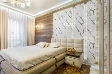 Luxury bedroom interior with parquet and wood marble walls