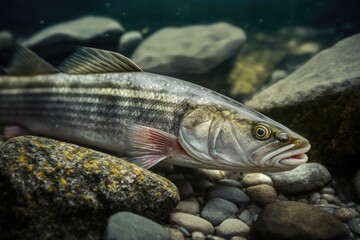 Fototapeta premium On the rocky shore is the body of a flathead silverside mullet. macro photography at close range. Generative AI
