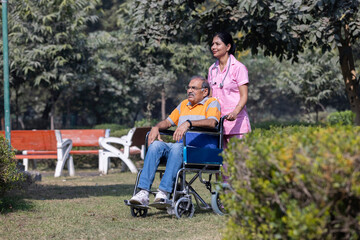 Female doctor with old man in wheelchair admiring view at park