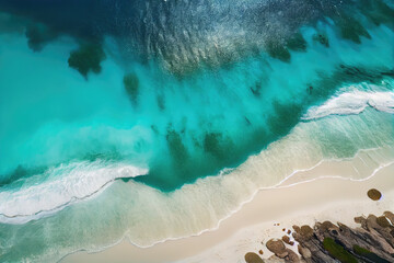 Aerial view of waves crashing on sandy beach.