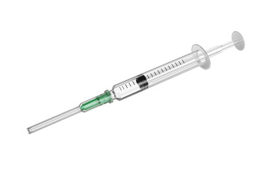 Fototapeta premium Disposable syringe with cap. A disposable syringe is filled with medication or other clear liquid. Disposable syringe isolated on white background. 3d render.