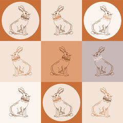 Cute chess-type banner with sitting bunnies with festive bow around their necks in coffee-chocolate-brown-beige tones. Vector children's set with bunnies in retro vintage style.